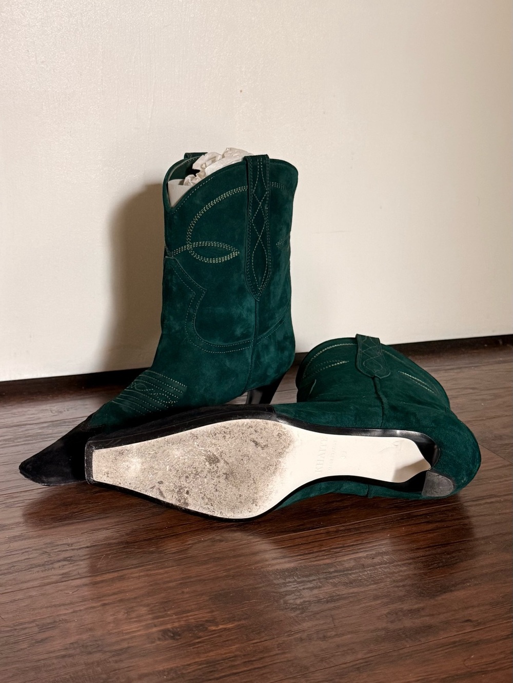 KHAITE Emerald Green Suede Western Ankle Boots with Black Toe - Picture 4 of 4